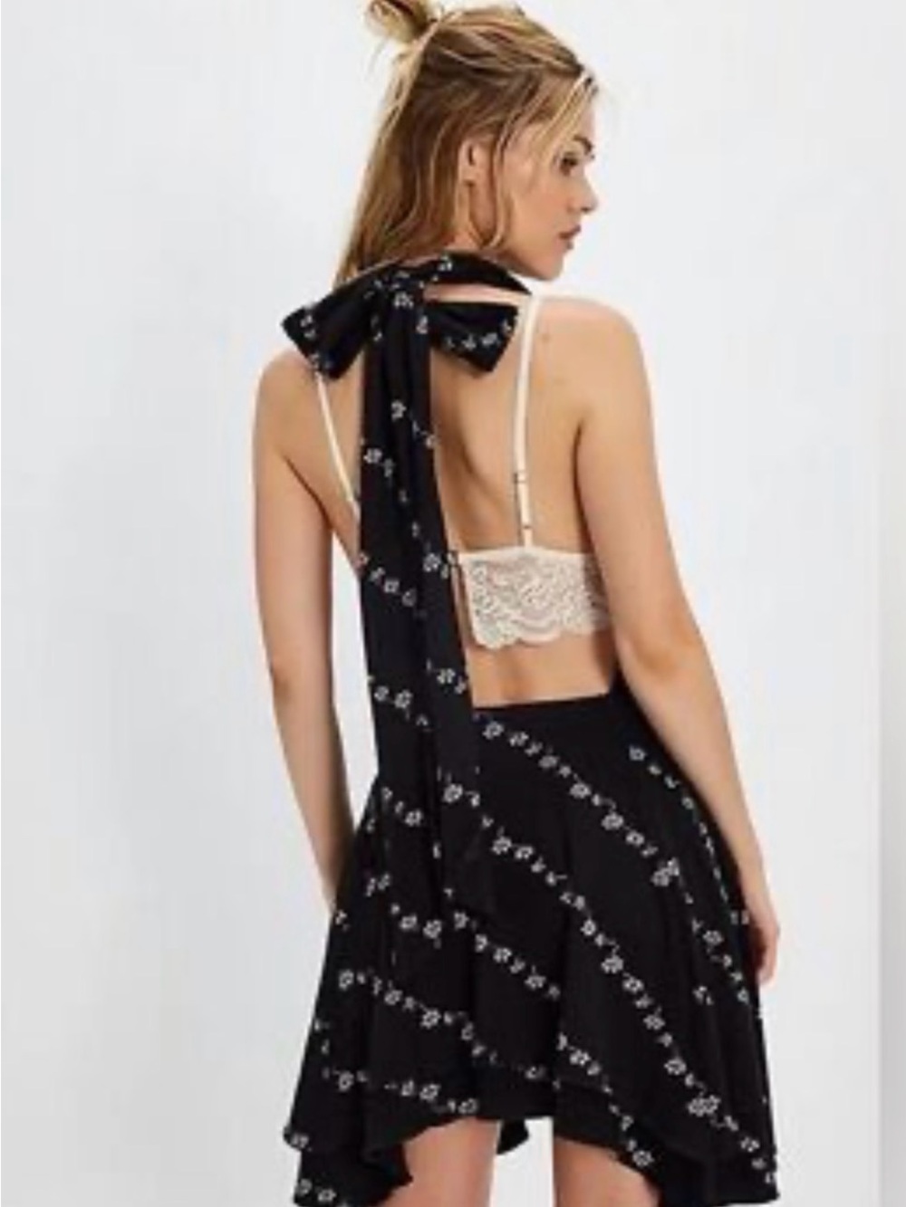 Free People Electric Days Printed Mini Dress Black Floral Tie-Back Sundress